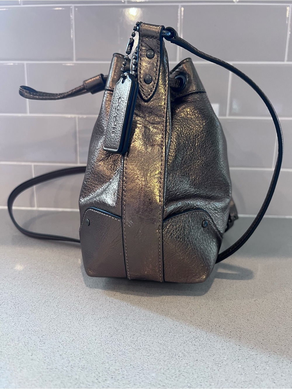 Coach Metallic Bronze Leather Drawstring Crossbody Bag F35363 BABY MICKIE - Picture 4 of 16